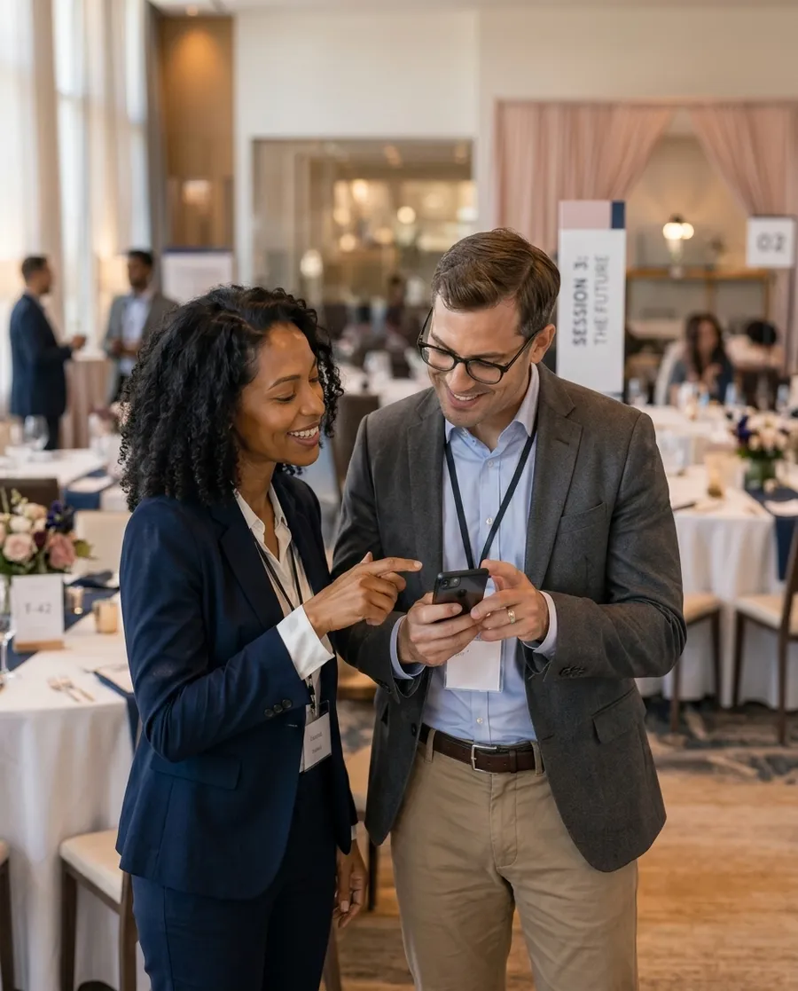 Two conference attendees finding their table on a phone