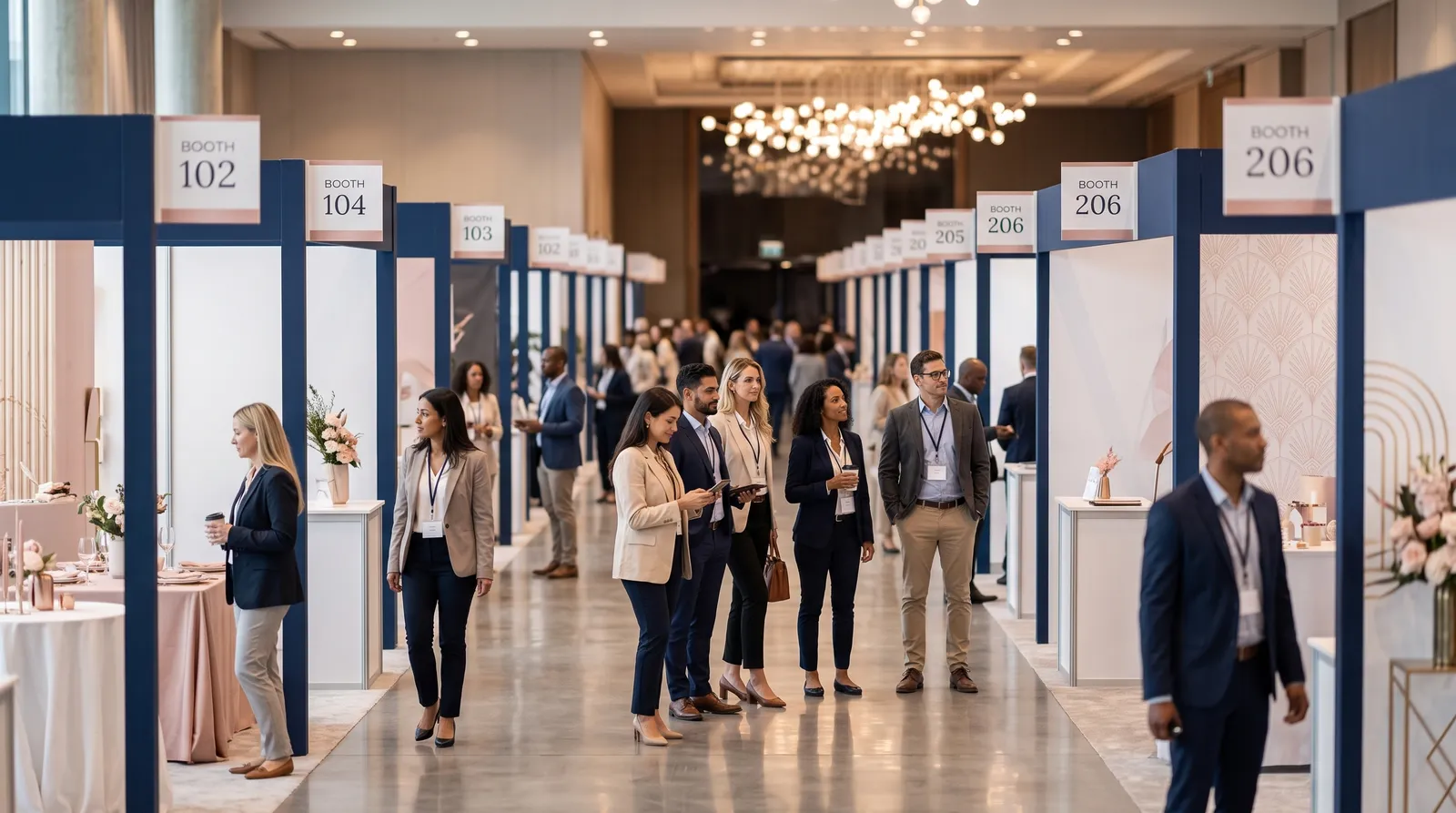 Trade show floor with numbered exhibitor booths