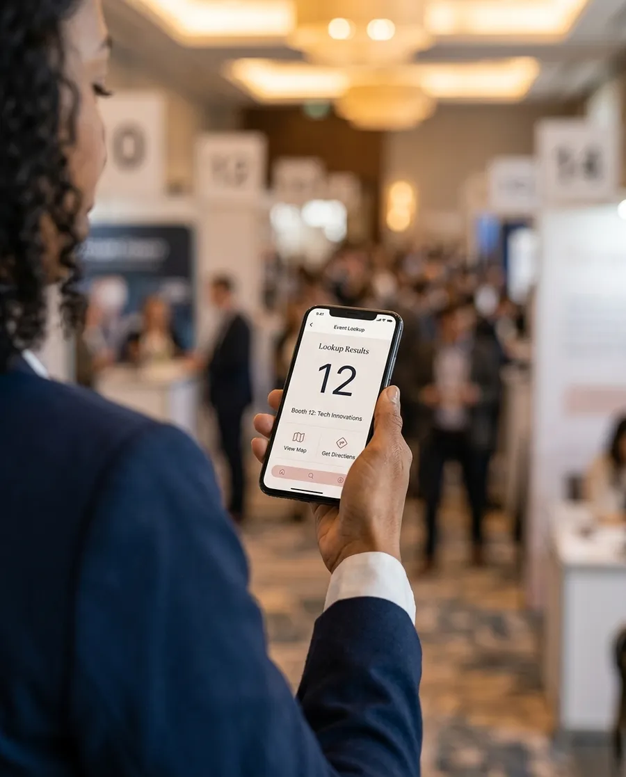 Attendee finding an exhibitor booth on their phone at a trade show